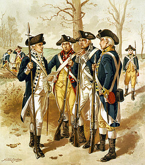 L'illustration dépeint des uniformes et des armes employés au cours de la période 1779 à 1783 de la révolution américaine en montrant quatre soldats se tenant dans un groupe sans cérémonie.