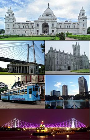 À partir du haut et dans le sens des aiguilles d'une montre : Victoria Memorial, Cathédrale Saint-Paul, Downtown Kolkata, pont de Howrah, tramway de Kolkata, pont Vidyasagar Setu.