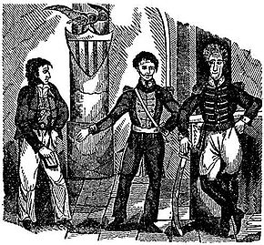 Jean Lafitte, William C. C. Claiborne et Andrew Jackson en réunion pour mettre au point le plan de défense de La Nouvelle-Orléans