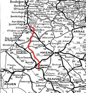 Tracé (en rouge) de la ligne de Feuquières à Ponthoile.