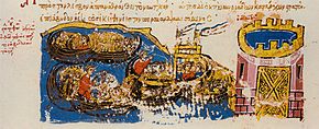Miniature représentant la révolte de Thomas le Slave qui réussit à gagner le soutien des flottes des thèmes maritimes