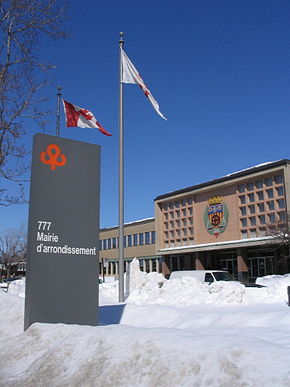 Mairie de l'arrondissement Saint-Laurent.Localisation de Saint-Laurent dans Montréal.Logo de l'arrondissement.