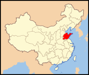 Carte indiquant la localisation du Shandong (en rouge) à l'intérieur de la Chine