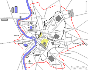 Localisation du Mur d'Aurélien dans la Rome antique (en rouge)