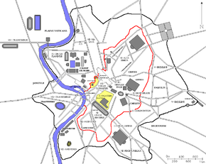 Localisation de la mur servienne dans la Rome antique (en rouge)