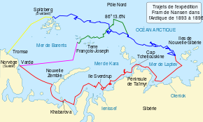 Carte représentant divers trajets lors de l'expédition Fram, de 1893 à 1896
