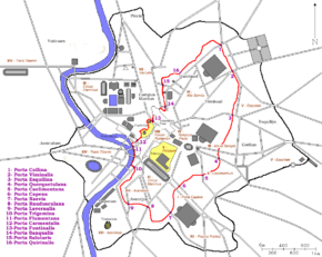 Localisation de la porte Caelimontane dans la Rome antique (5 en rouge)