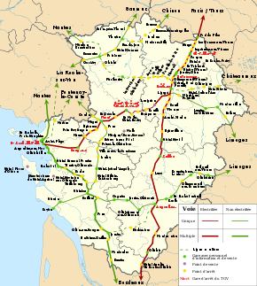 Carte des lignes SNCF du Poitou-Charentes : Saintes est au cœur d'une étoile ferroviaire à cinq branches