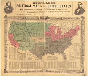 Cette carte de 1854 montre les états esclavagistes (gris), les états abolitionnistes (rouge) et les territoires US (vert) avec le Kansas (non coloré).