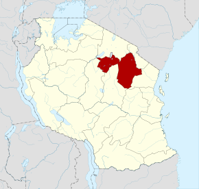 Localisation de la région de Manyara (en rouge) à l'intérieur de la Tanzanie