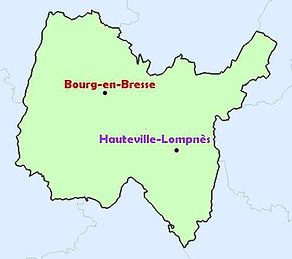 Situation du canton de Hauteville-Lompnès dans le département Ain