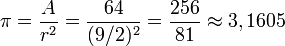 \pi = \frac{A}{r^2}=\frac{64}{(9/2)^2} = \frac{256}{81}\approx 3,1605