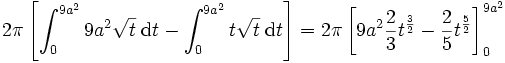 2 \pi\left[ \int_0^{9 a^2} 9 a^2 \sqrt{t} \;\mathrm{d}t - \int_0^{9 a^2} t \sqrt{t} \;\mathrm{d}t\right] = 2 \pi \left[9 a^2 \frac{2}{3} t^{ \frac{3}{2} } - \frac{2}{5} t^{ \frac{5}{2}}\right]_0^{9 a^2}