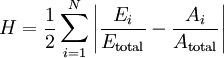 
H = \frac{1}{2} \sum_{i=1}^N \color{Blue} \left| \color{Black} \frac{E_i}{E_\text{total}} - \frac{A_i}{A_\text{total}} \color{Blue} \right| \color{Black}
