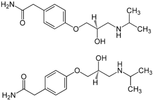 Énantiomère R de l'aténolol (en haut) et S-aténolol (en bas)