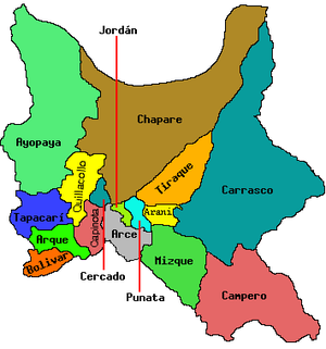 Carte des 16 provinces du département de Cochabamba