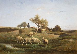 Berger et moutons au pâturage