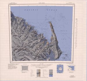 Carte de la région du cap Adare. La baie de Robertson est a l'ouest de la prequ'île.