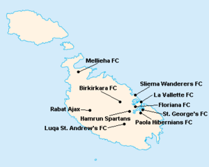 Répartition géographique des clubs en Premier League Maltaise 1992-1993