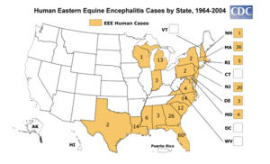 Carte d'incidence des cas humains de la maladie EEE, 1964-2004