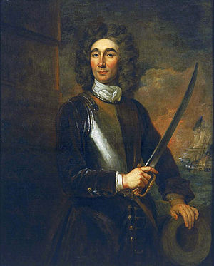 John Benbow en 1701, par Sir Godfrey Kneller. Il tient un hanger de simple officier[1].