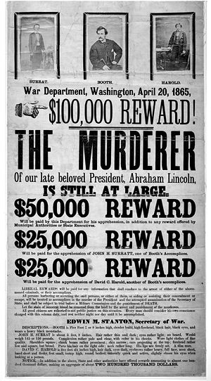 Récompense pour la capture de John Wilkes Booth, 1865.