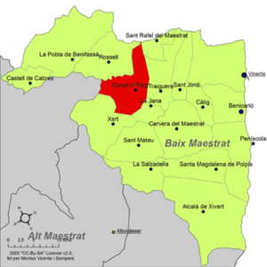 Localisation de Canet lo Roig dans la comarque du Baix Maestrat