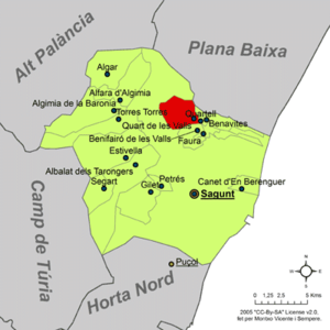 Localisation de Quart de les Valls dans la comarque de Camp de Morvedre