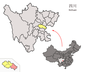 Localisation du xian d'Anyue (en rose) dans la préfecture de Ziyang (en jaune)
