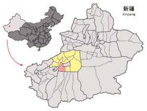 Localisation du xian d'Awat (en rose) dans la préfecture d'Aksou (en jaune)