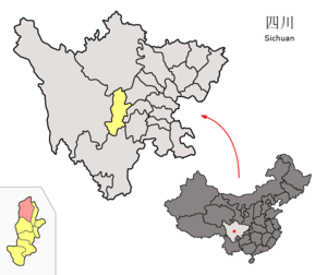 Localisation du xian de Baoxing (en rose) dans la préfecture de Ya'an (en jaune)