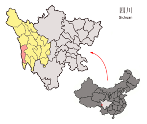 Localisation du xian de Batang (en rose) dans la préfecture de Garzê (en jaune)