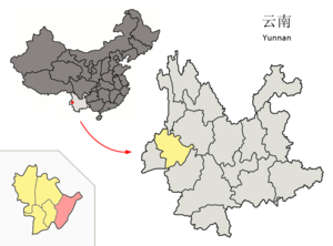 Localisation du xian de Changning (en rose) dans la préfecture de Baoshan (en jaune)