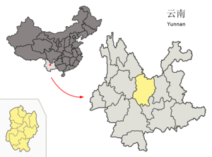 Localisation de la ville de Chuxiong et de sa préfecture (en jaune)