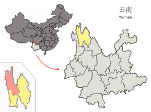 Localisation du xian de Dêqên (en rose) dans la préfecture de Dêqên (en jaune)