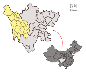 Localisation du xian de Dêrong (en rose) dans la préfecture de Garzê (en jaune)