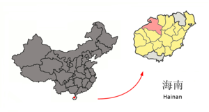 Localisation de la ville de Danzhou dans sa juridiction (en rose) et la zone administrée directement par la province (en jaune)