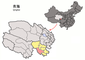 Localisation du siège du district de Darlag (en rose) dans la préfecture de Golog (en jaune)