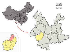 Localisation du xian de Fengqing (en rose) dans la préfecture de Lincang (en jaune)
