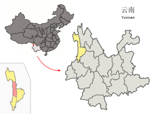 Localisation du xian de Fugong (en rose) dans la préfecture de Nujiang (en jaune)
