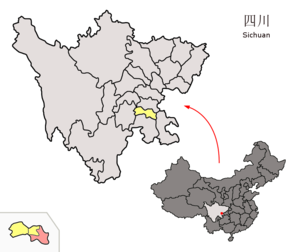 Localisation du xian de Fushun (en rose) dans la préfecture de Zigong (en jaune)
