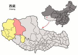 Localisation du xian de Gêrzê (en rose) dans la préfecture de Ngari (en jaune)