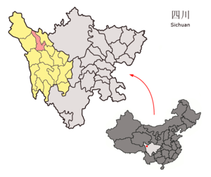 Localisation du xian de Garzê (en rose) dans la préfecture de Garzê (en jaune)