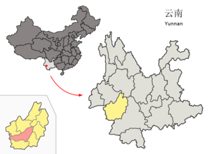 Localisation du xian de Gengma (en rose) dans la préfecture de Lincang (en jaune)