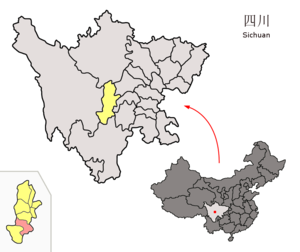 Localisation du xian de Hanyuan (en rose) dans la préfecture de Ya'an (en jaune)