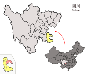 Localisation du xian de Hejiang (en rose) dans la préfecture de Luzhou (en jaune)