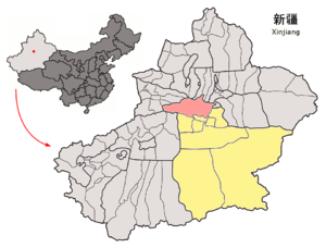 Localisation du xian de Hejing (en rose) dans la préfecture de Bayin'gholin (en jaune)