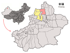 Localisation du xian de Hoboksar (en rose) dans la préfecture de Tacheng (en jaune)