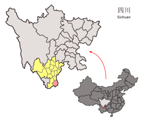 Localisation du xian de Huidong (en rose) dans la préfecture de Liangshan (en jaune)