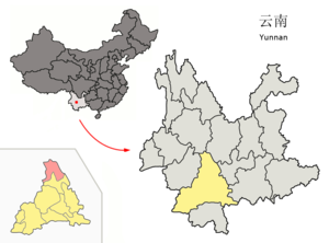 Localisation du xian de Jingdong (en rose) dans la préfecture de Pu'er (en jaune)